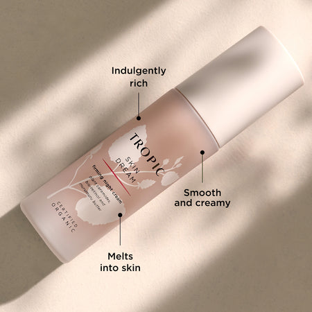 The image features Skin Dream, a firming night cream. 
Indulgently rich: Offers a luxurious texture, ideal for deep hydration.
Smooth and creamy: Ensures easy application and a pleasant feel.
Melts into skin: Absorbs effortlessly for overnight nourishment.
The product is presented in soft, warm lighting, emphasising its rich, comforting qualities designed for night time use.